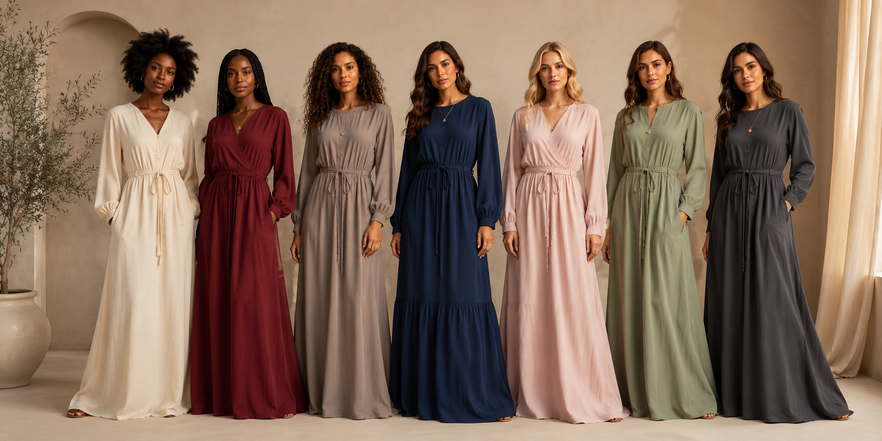 Sept femmes élégantes alignées en robes longues sobres aux teintes naturelles — Maïmona